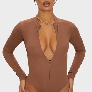 Brown Ribbed Bodysuit Long Sleeve Top